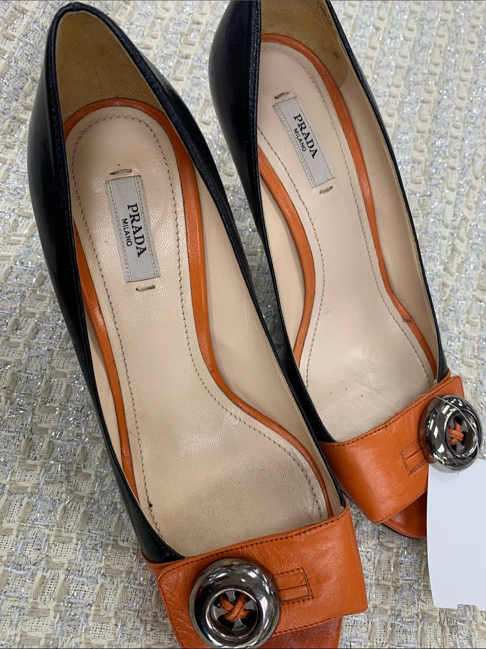 Prada Black Leather Pumps with Orange Trim and Silver Buckle - Picture 1 of 9